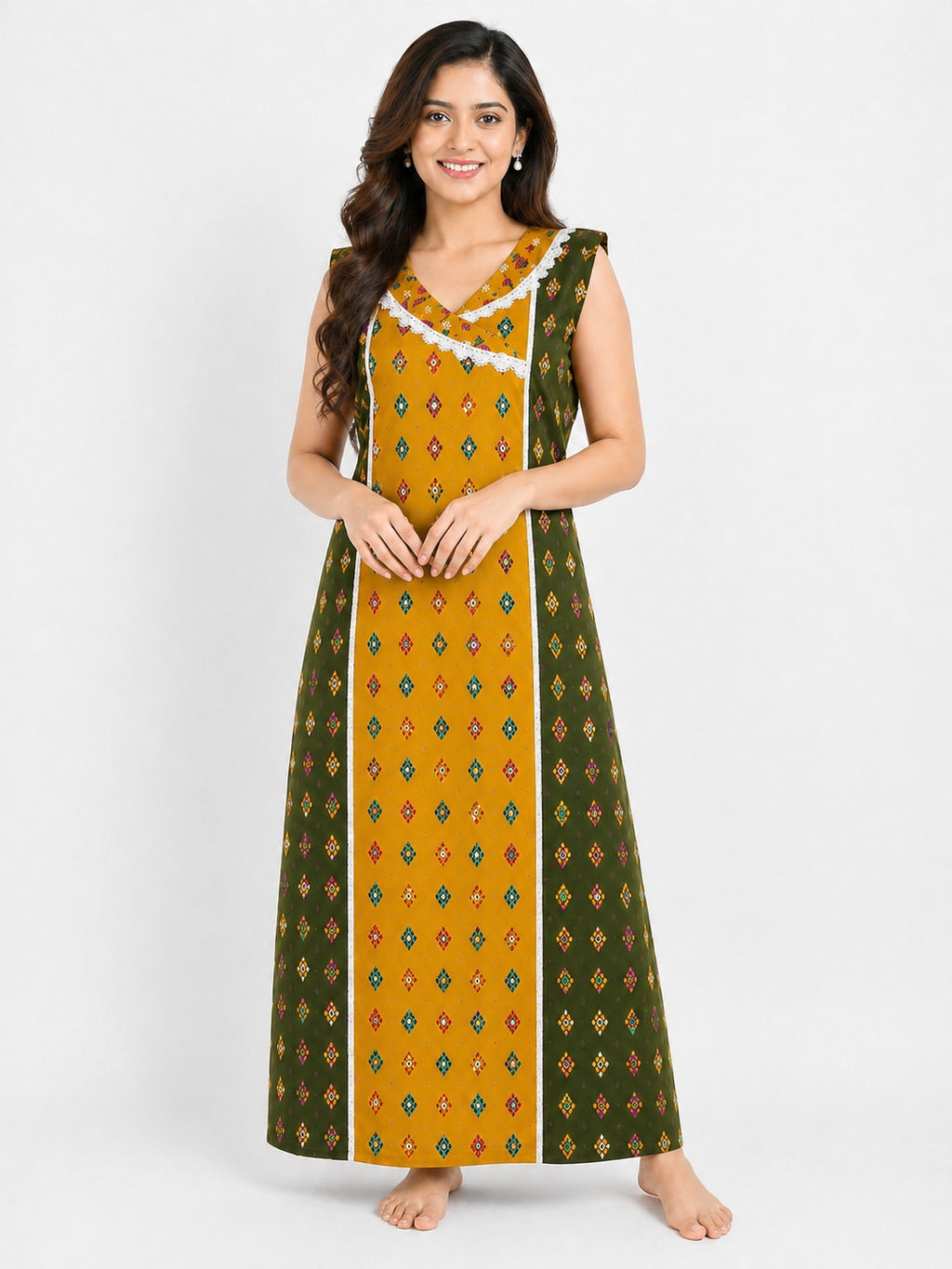 Pure Cotton Sleeveless designer Nighty | Yellow