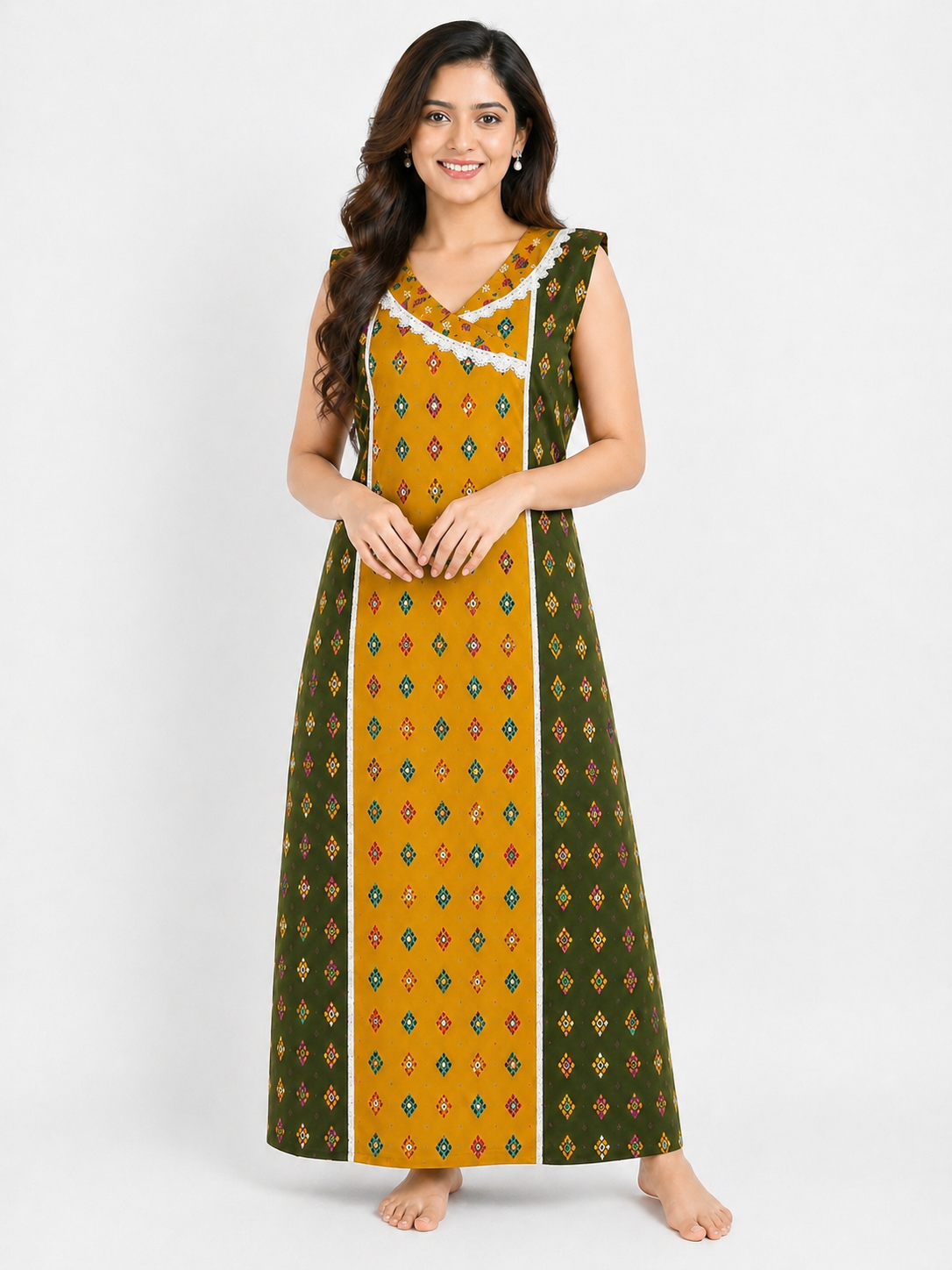 Pure Cotton Sleeveless designer Nighty | Yellow
