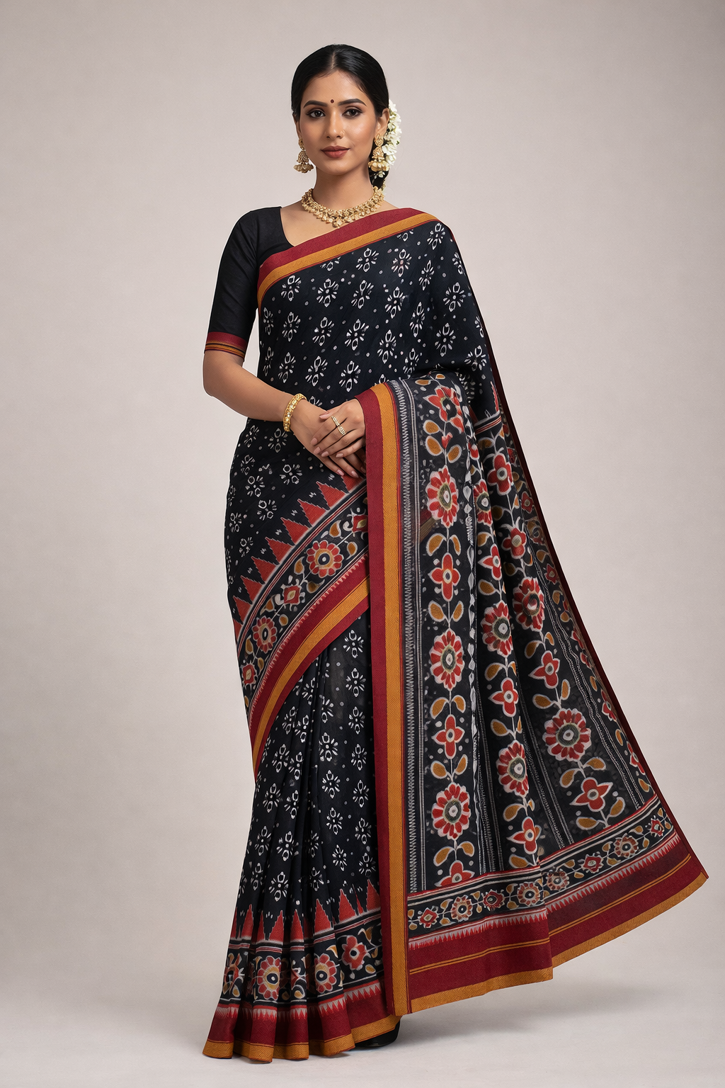 Pure Cotton Ajrak Print Saree | Black