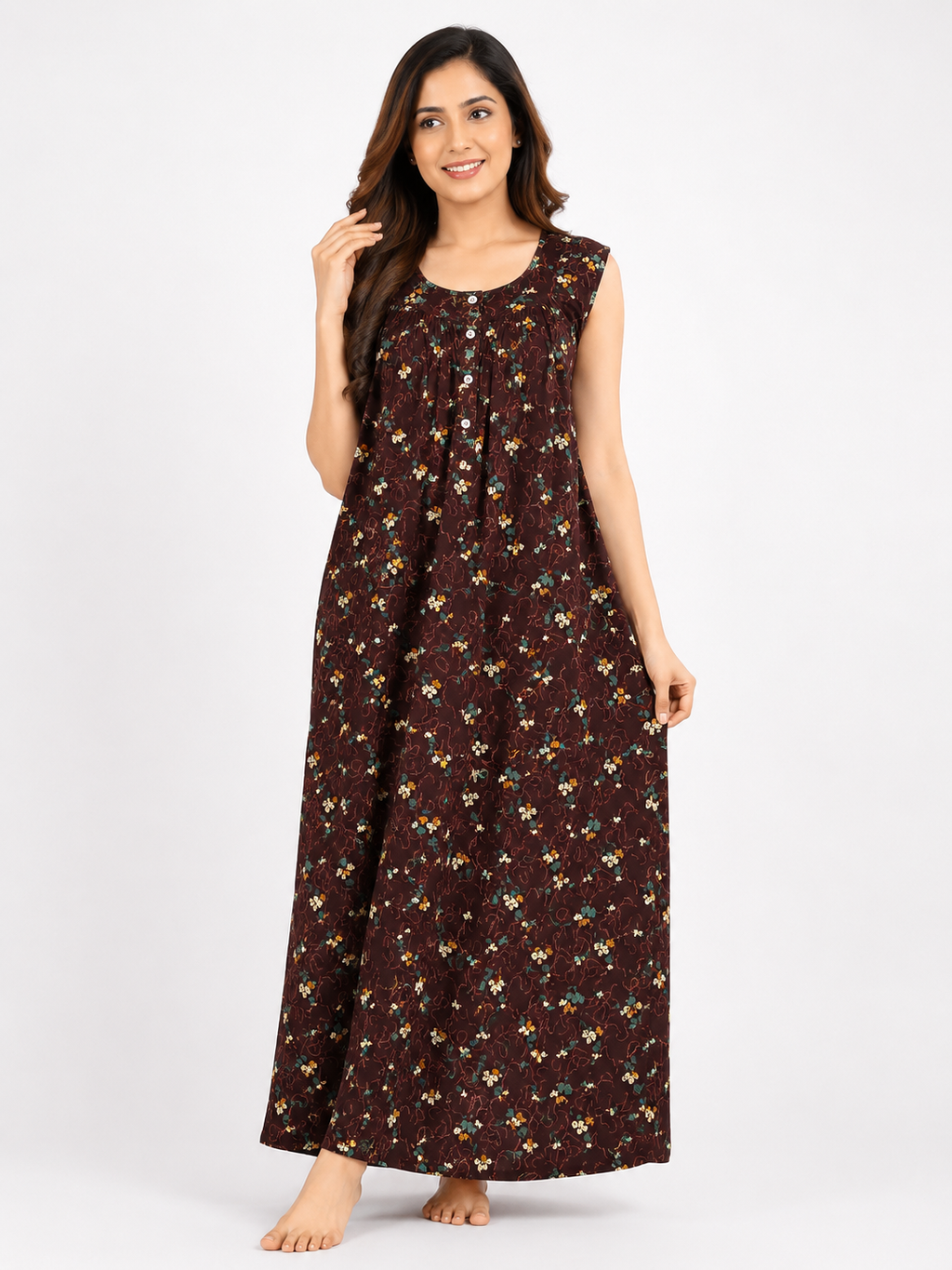 Pure Cotton Sleeveless Nighty | Brown