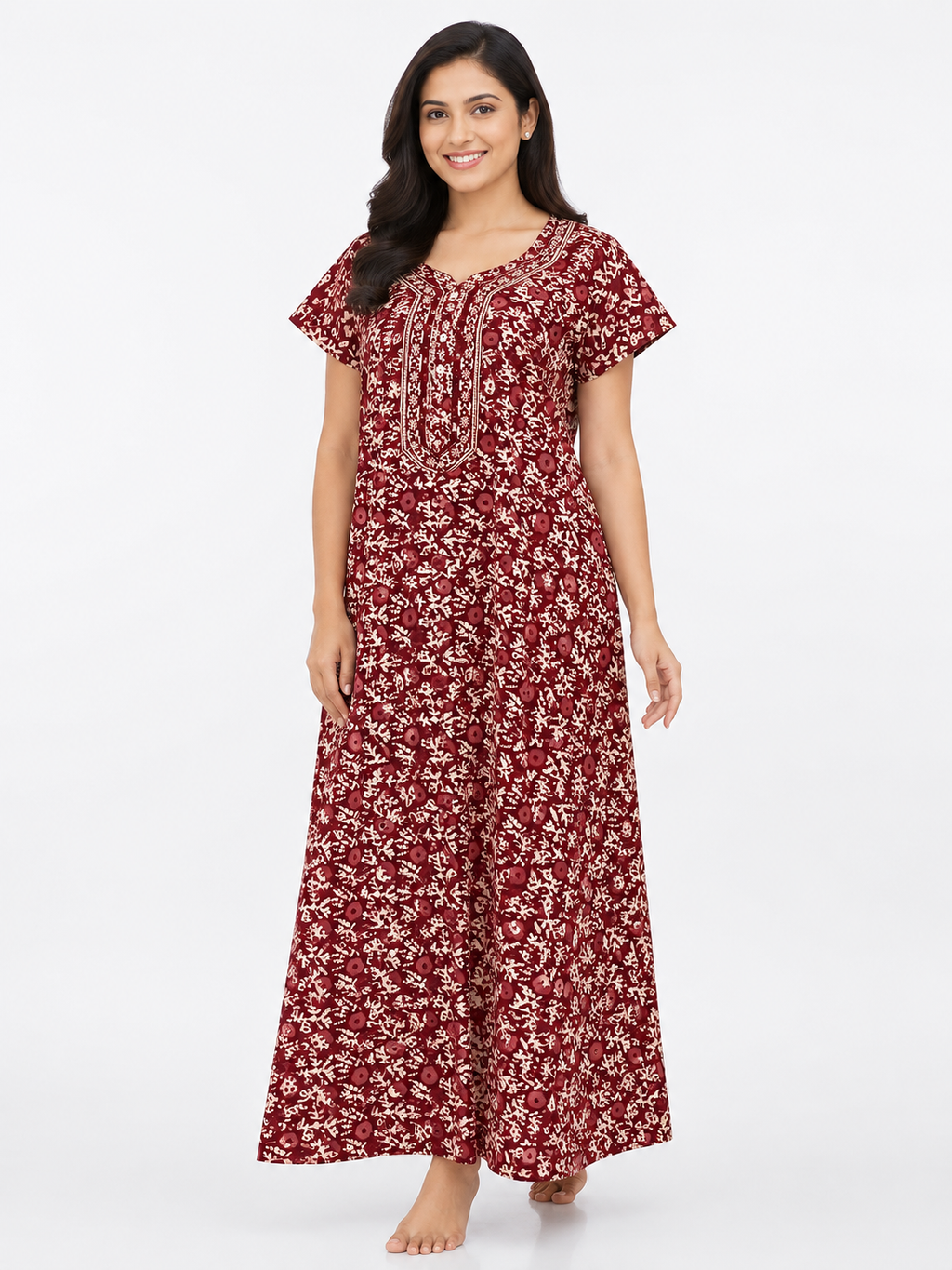 XXL Size| Pure Cotton Half Sleeve Allen Cut Nighty | Brown
