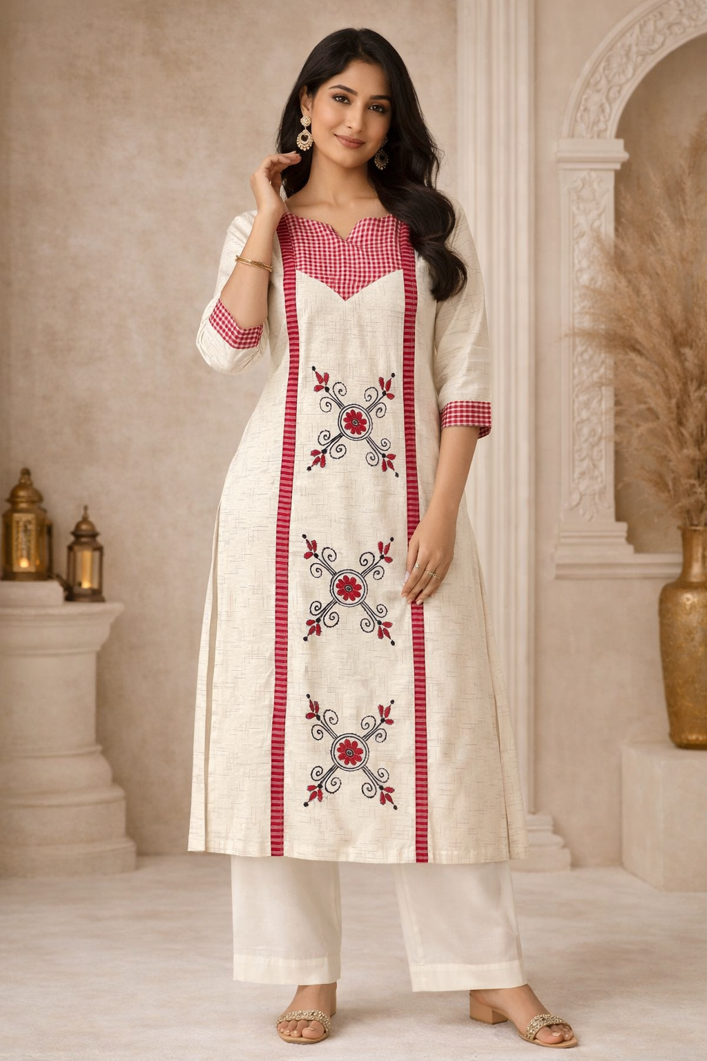 XL Size|Cotton Stitched Designer Gamcha Kurti | White