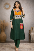 L Size| Cotton Stitched Designer Gamcha Jamdani Kurti | Green
