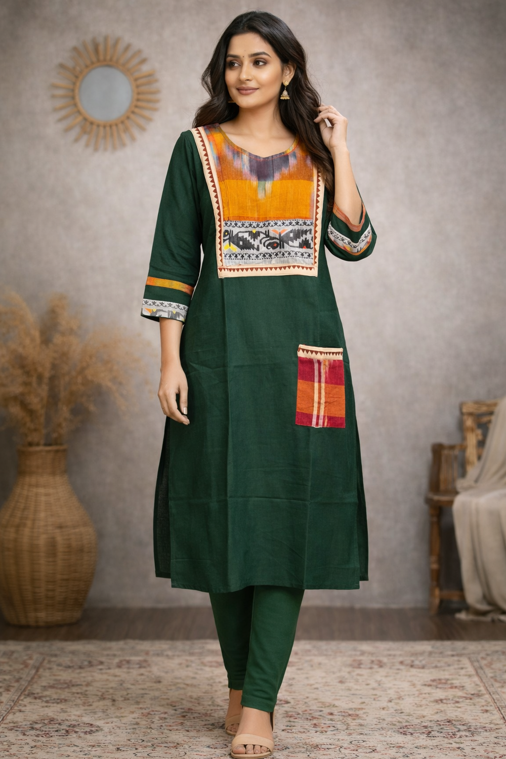 L Size| Cotton Stitched Designer Gamcha Jamdani Kurti | Green