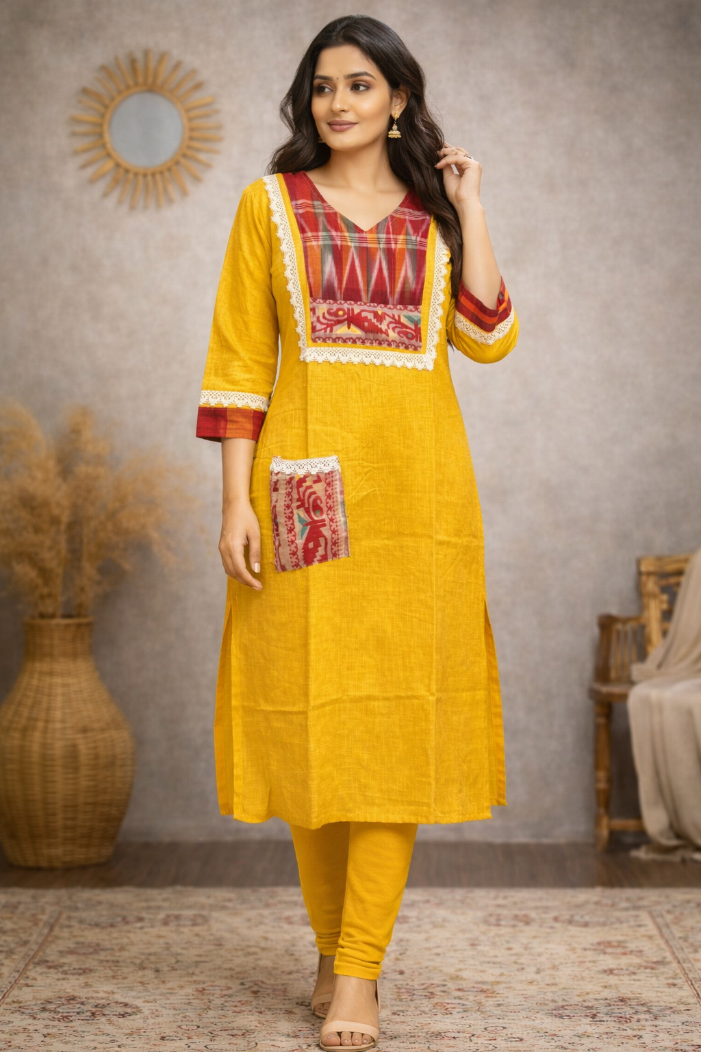 3XL Size| Cotton Stitched Designer Gamcha Jamdani Kurti | Yellow