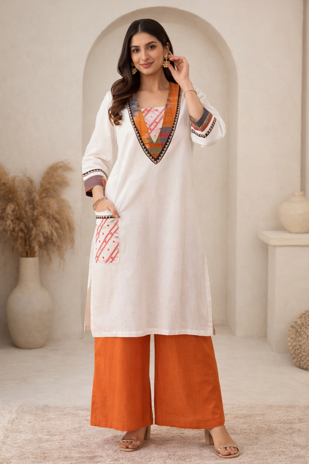 3XL Size| Cotton Stitched Designer Gamcha Jamdani Kurti | White