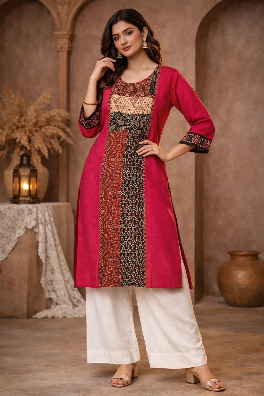 3XL Size| Cotton Stitched Designer Gamcha Jamdani Kurti | Rani