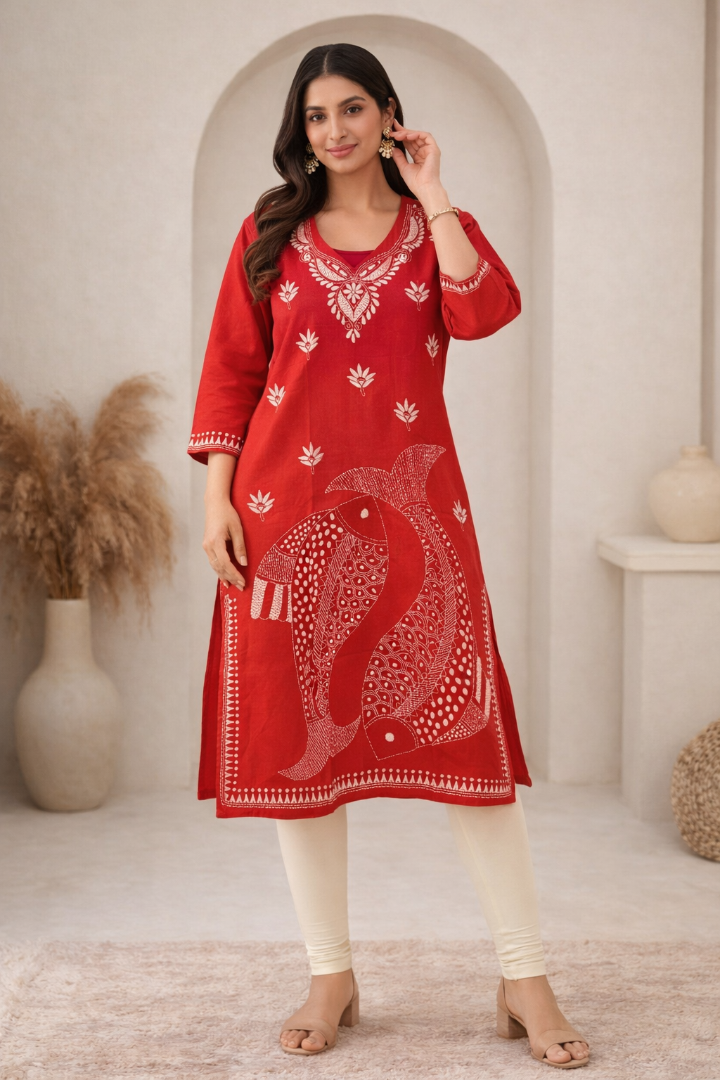4XL Size|Cotton Katha Stitched V Neck Kurti | Red
