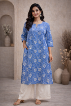 3XL Size| Basic Cotton Printed Kurti | Blue