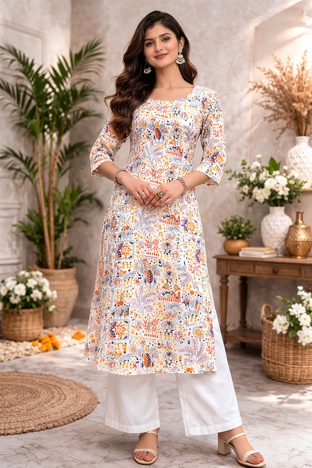 3XL Size| Basic Cotton Printed Kurti | White