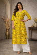 3XL Size| Basic Cotton Printed Kurti | Yellow