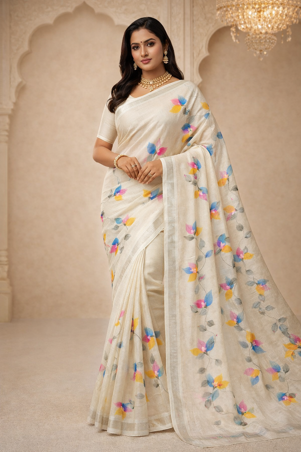 Hand Print Resham Kota Saree| White