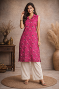 M Size| Pure Cotton Printed Ajrak Sleeveless Kurti With Collar | Rani