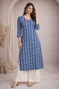 XL Size| Basic Cotton V Neck Printed Kurti | Blue