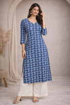 XL Size| Basic Cotton V Neck Printed Kurti | Blue