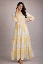 XL Size| Cotton Printed Frock Pattern Gown/one piece| White