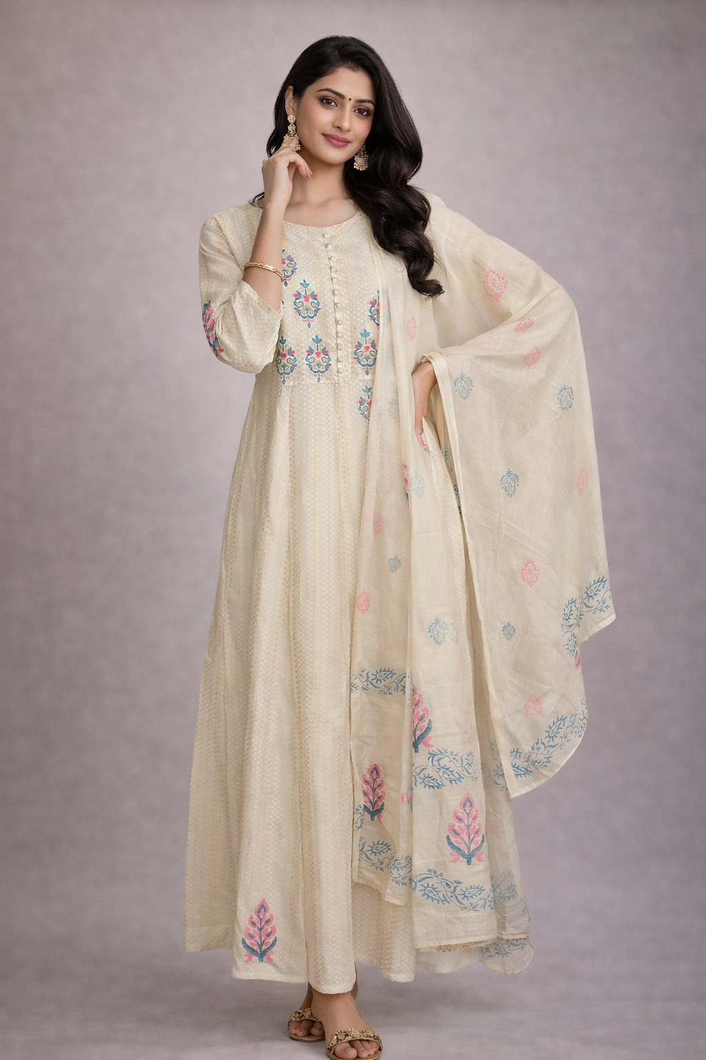 XL Size| Cotton Stitched Frock Pattern Gown/one piece With Dupatta| White