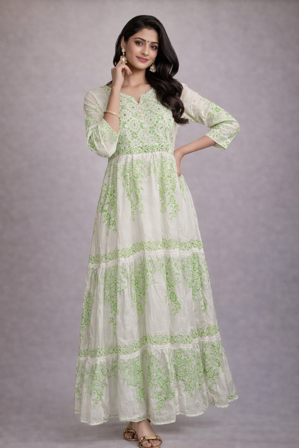 XL Size| Cotton Printed Frock Pattern Gown/one piece| White