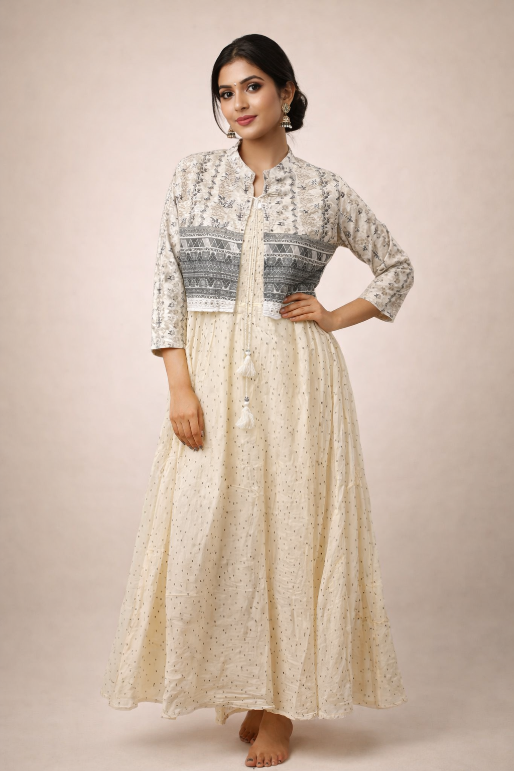 M Size| Cotton Stitched Frock Pattern Gown/one piece| White