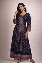 XL Size| Cotton Printed Frock Pattern Gown/one piece|Navy Blue