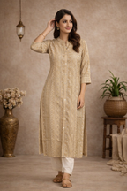 L Size| Premium Rayon Printed Kurti With Mandarin Collar| Golden Yellow