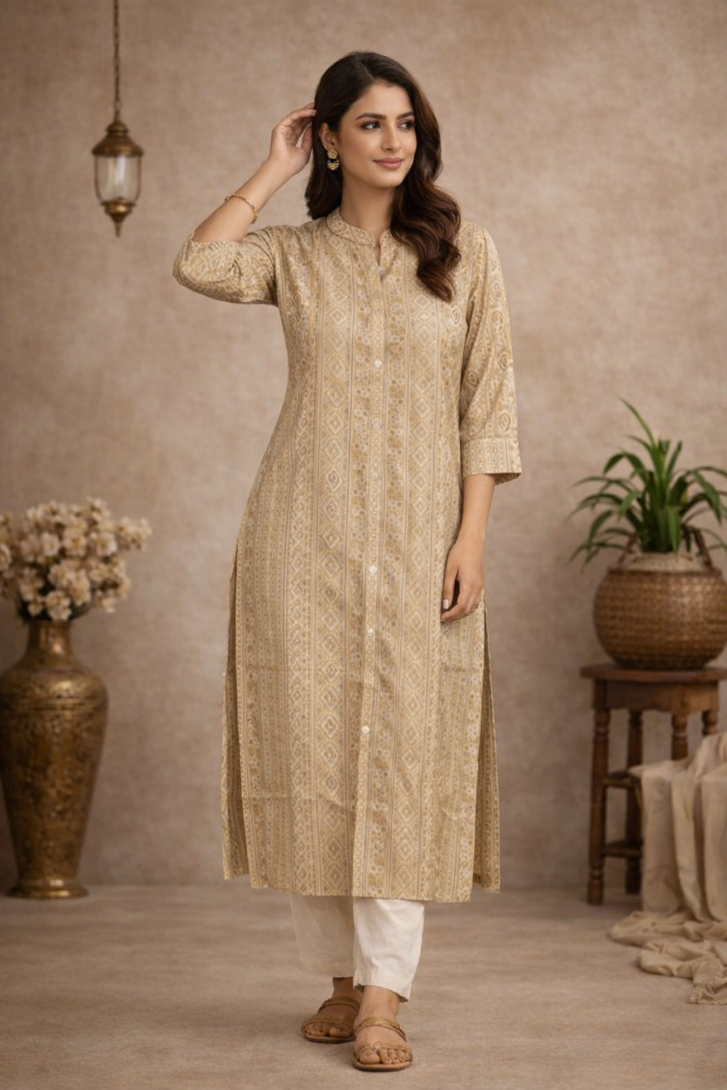 L Size| Premium Rayon Printed Kurti With Mandarin Collar| Golden Yellow