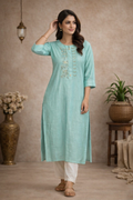 L Size| Premium Pure Cotton Designer Embroid Kurti| Green