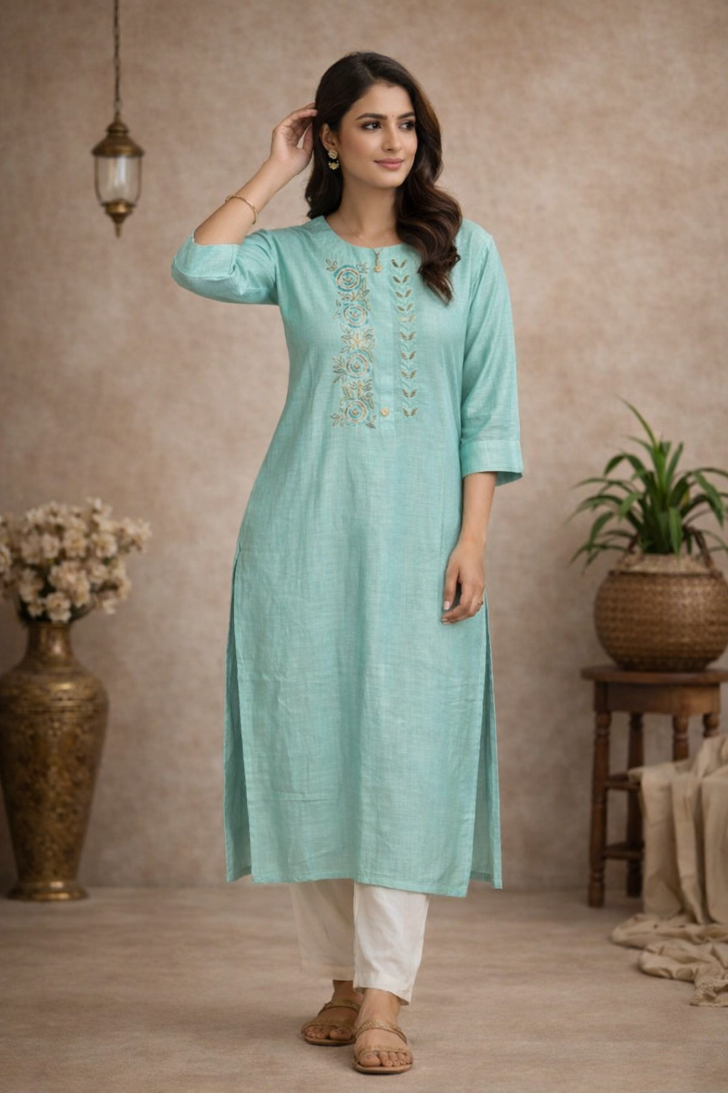 L Size| Premium Pure Cotton Designer Embroid Kurti| Green