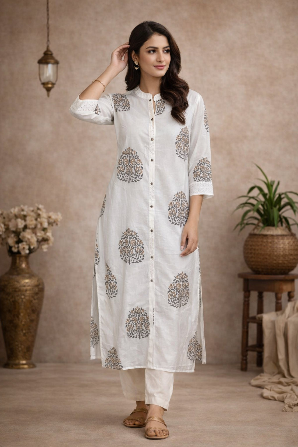 M Size| Premium Pure Cotton Printed Kurti With Mandarin Collar| White