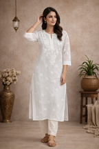 L Size| Premium Pure Cotton Stitched Chikankari Kurti | White