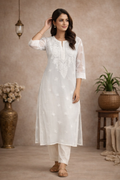 L Size| Premium Georgette Stitched Chikankari Kurti | White