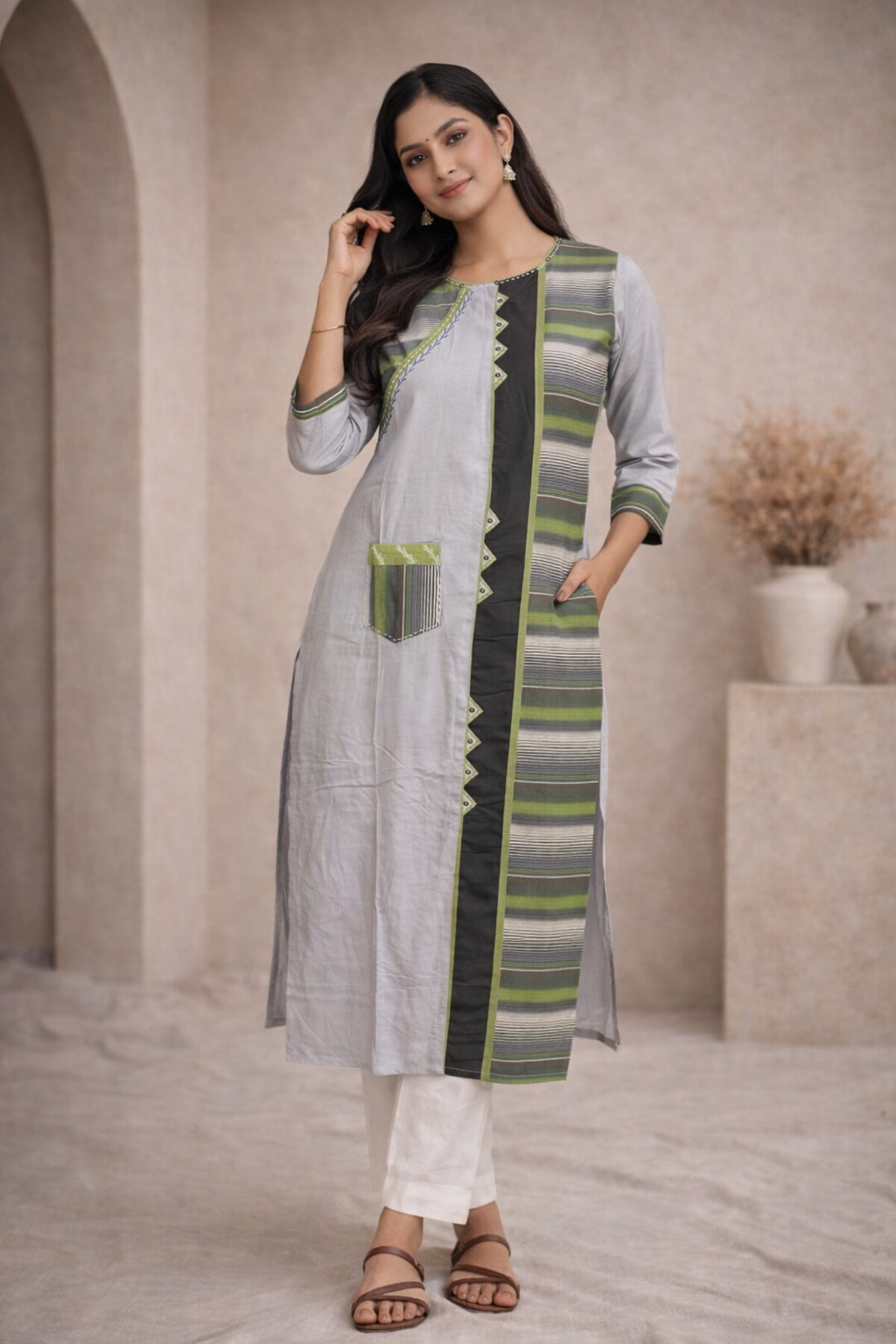 L Size| Premium Pure Cotton Designer Kurti| Grey
