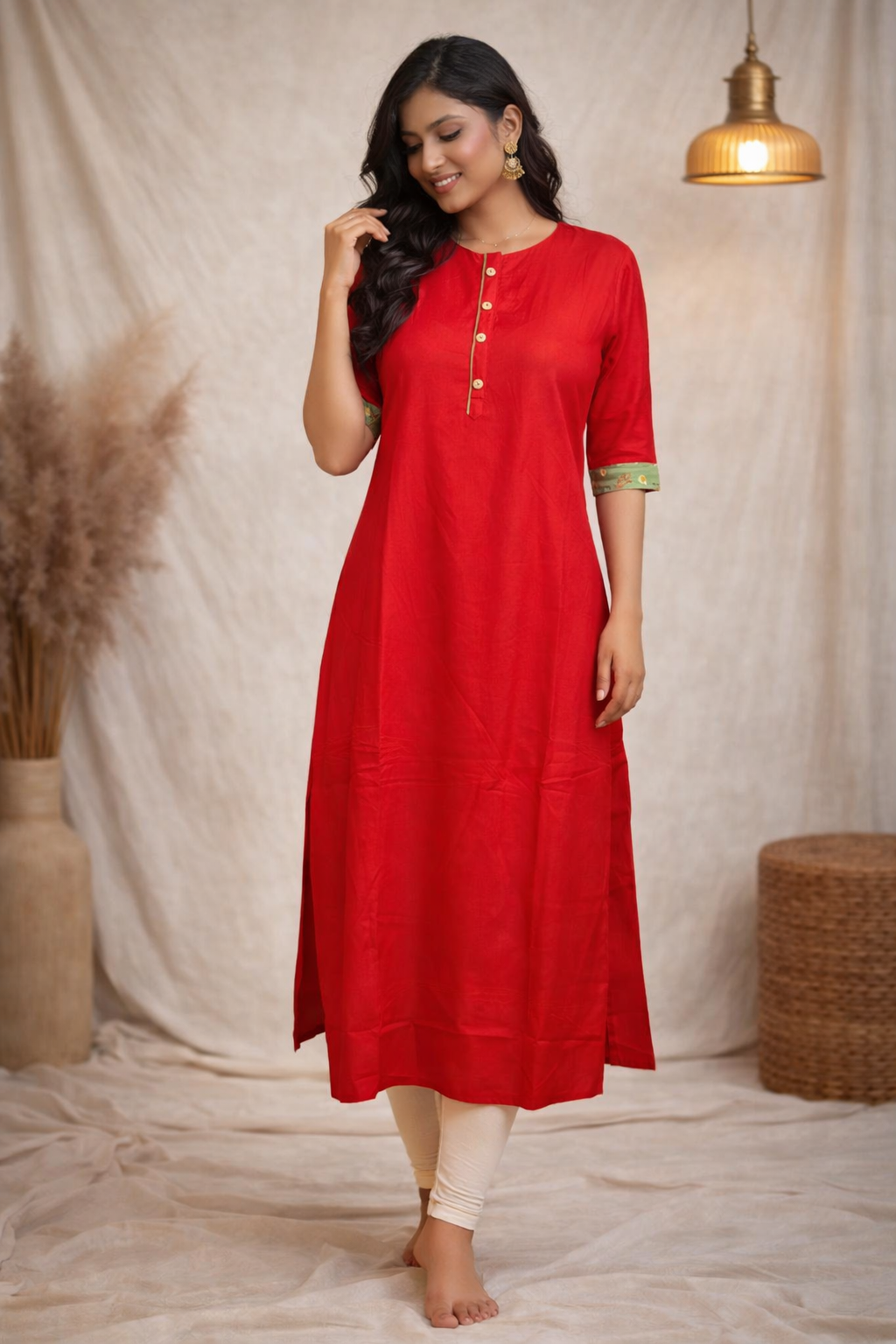 L Size|Rayon Plain Kurti with Mandarin collar | Red