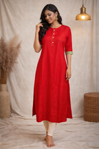 L Size|Rayon Plain Kurti with Mandarin collar | Red