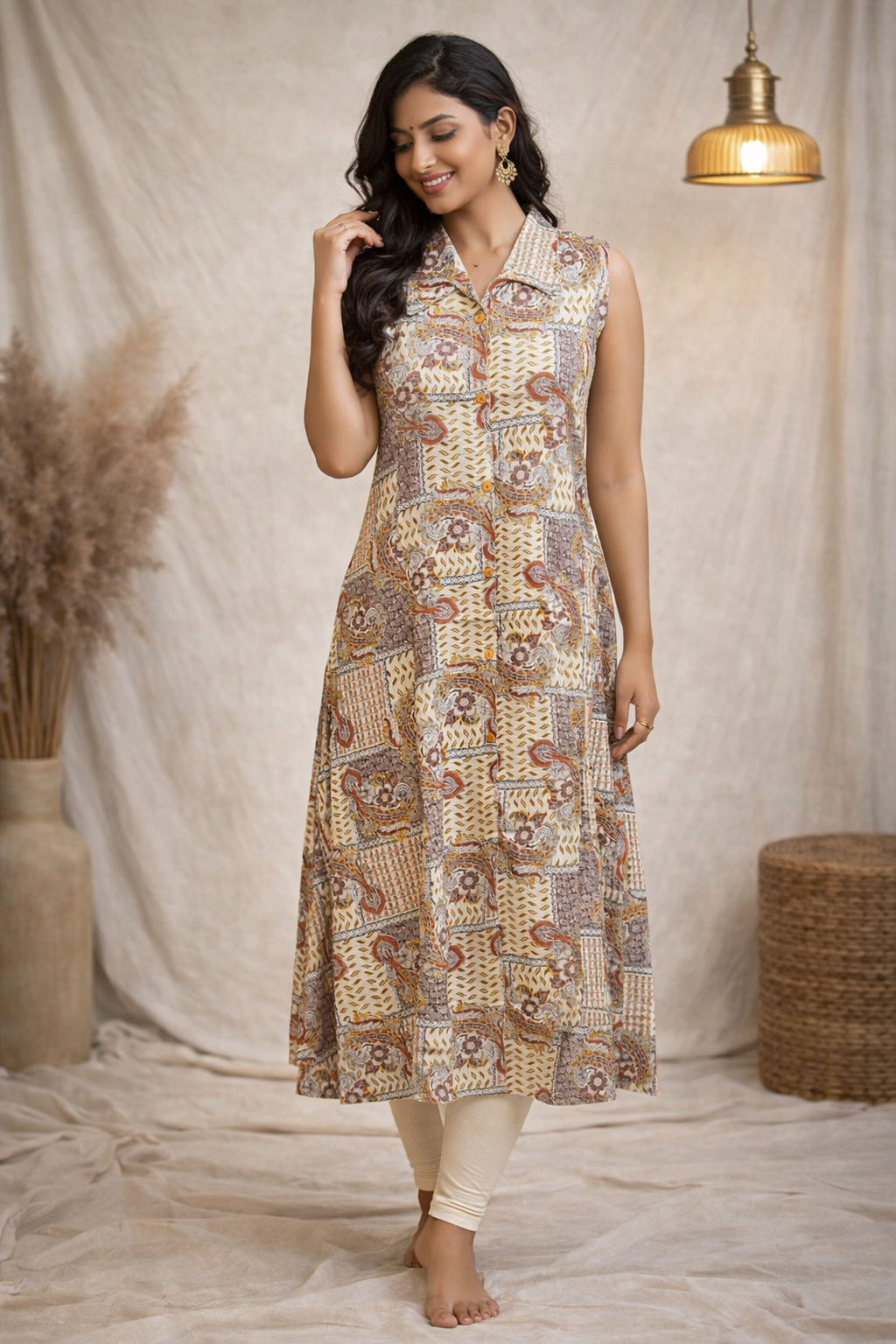 L Size|Rayon Printed Kurti with Mandarin collar | White