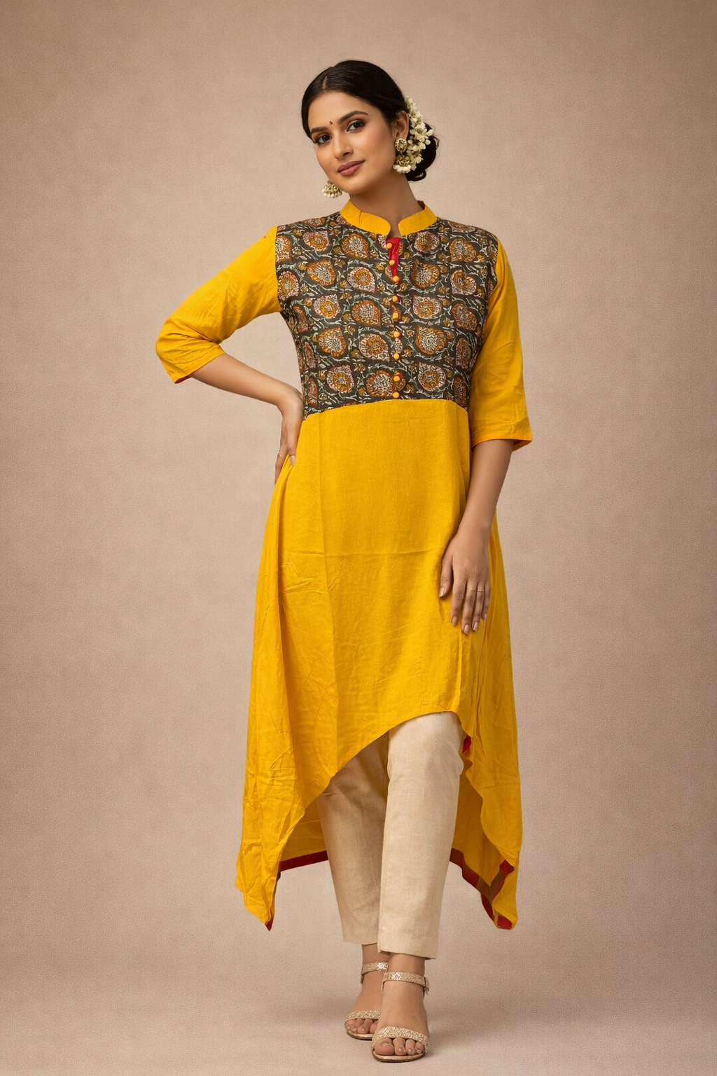 L Size| Rayon Designer Printed Kurti with collar | Yellow