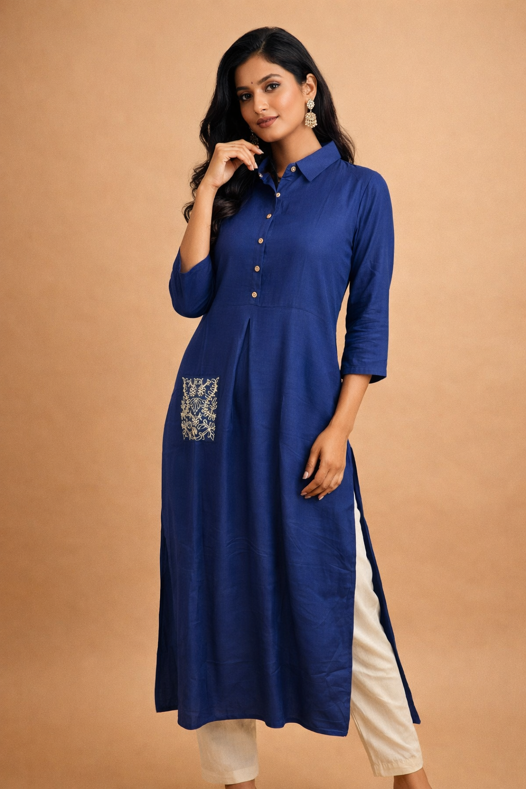 M Size| Rayon Plain Kurti with collar | Navy Blue