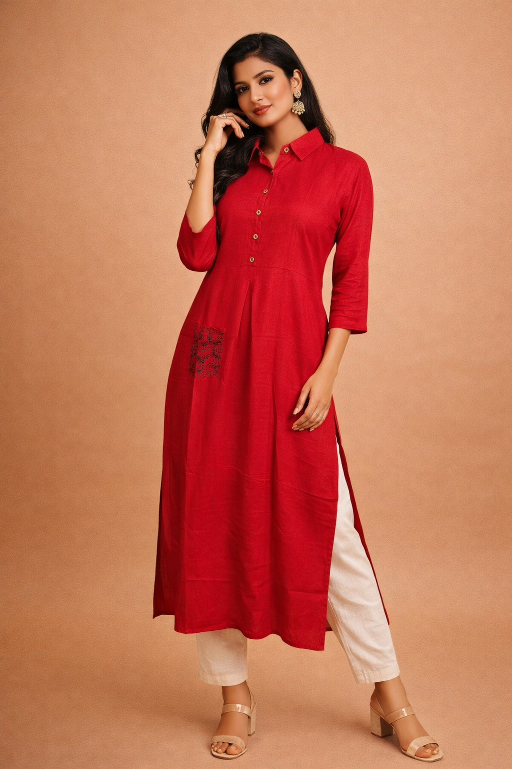 M Size| Rayon Plain Kurti with collar | Red