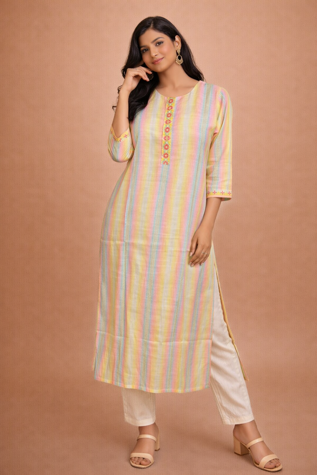 M Size| Cotton Printed Khadi Kurti | White