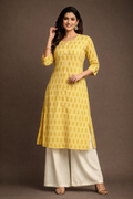 XL Size| Premium Pure Cotton Printed Kurti| Yellow