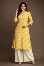 XL Size| Premium Pure Cotton Printed Kurti| Yellow