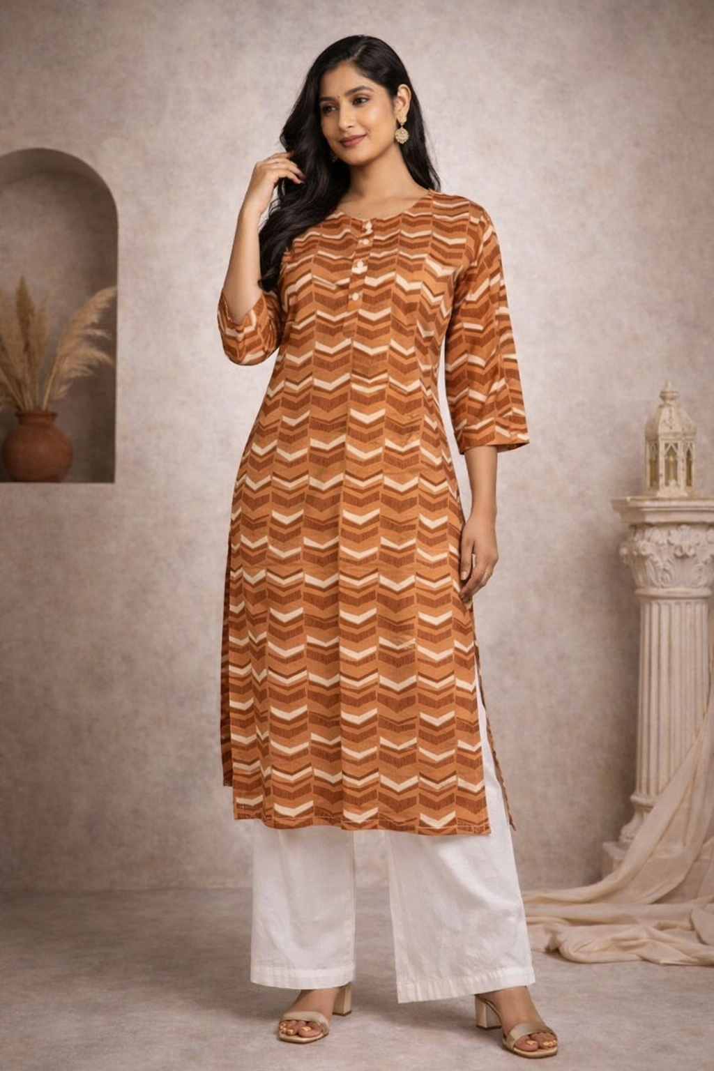XL Size| Premium Pure Cotton Printed Kurti| Brown