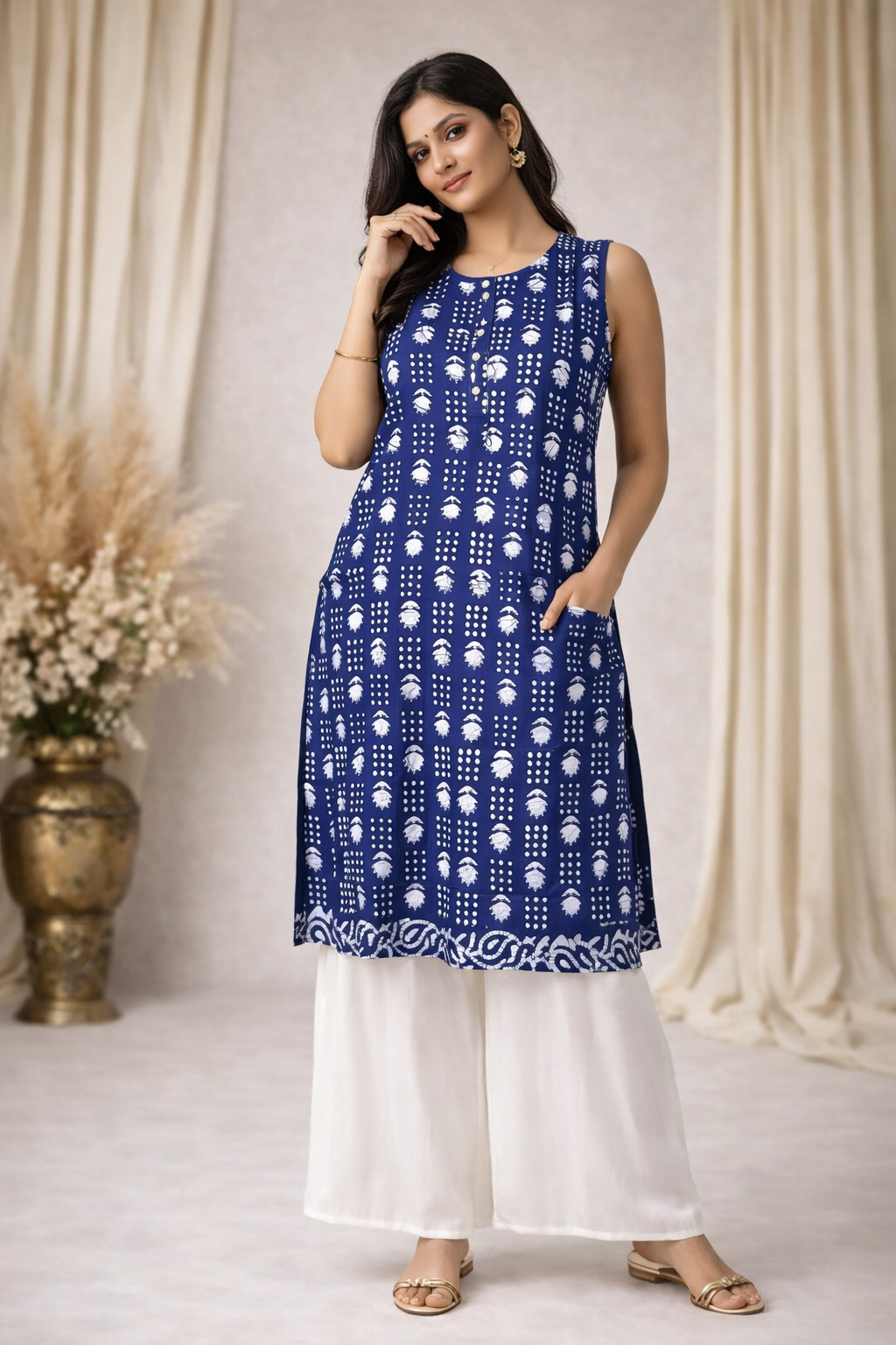 XL Size| Premium Pure Cotton Sleeveless Printed Kurti| Blue