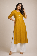 XL Size| Premium Pure Cotton Plain Kurti| Golden Yellow