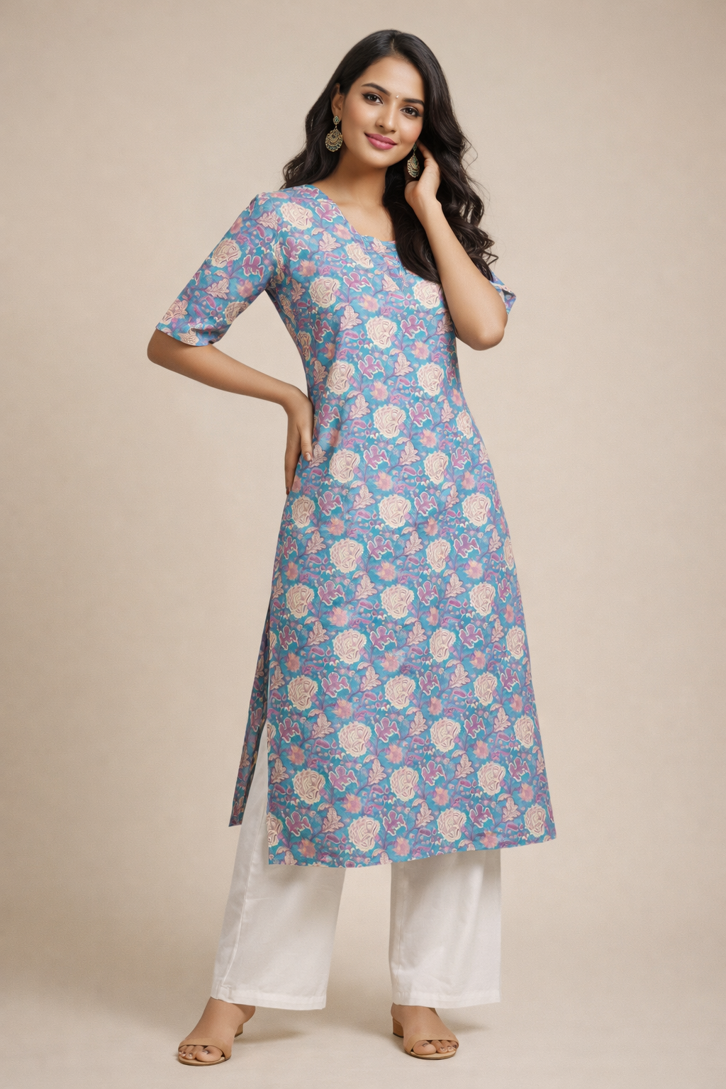 XL Size| Pure Cotton Printed Designer Kurti | Lavender Blue