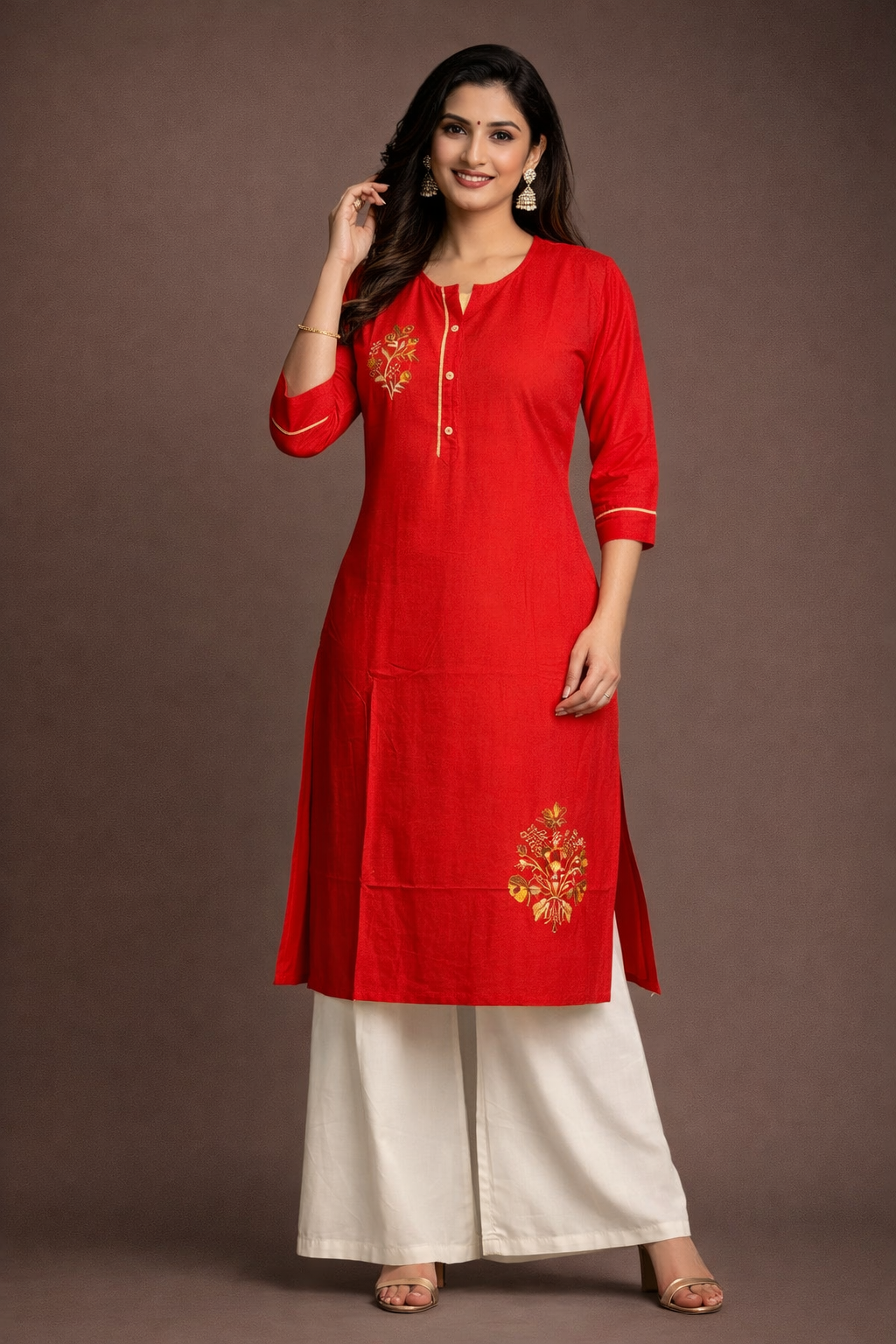 XL Size| Rayon Plain Stitched Kurti with collar | Red
