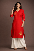XL Size| Rayon Plain Stitched Kurti with collar | Red