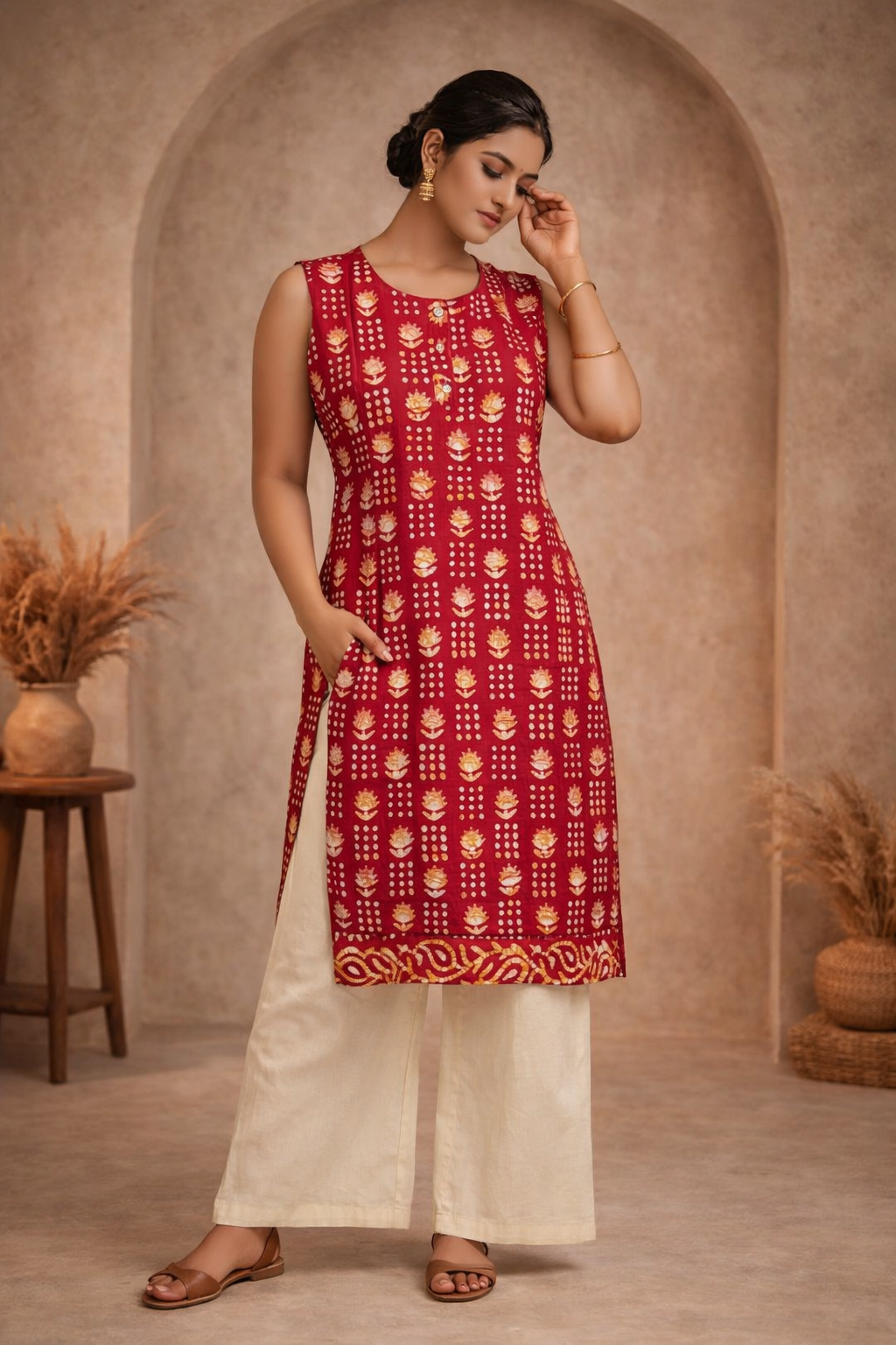 XL Size| Premium Pure Cotton Sleeveless Printed Kurti| Red