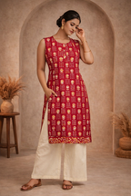 XL Size| Premium Pure Cotton Sleeveless Printed Kurti| Red