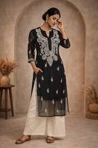 XL Size| Premium Georgette Stitched Chikankari Kurti | Black